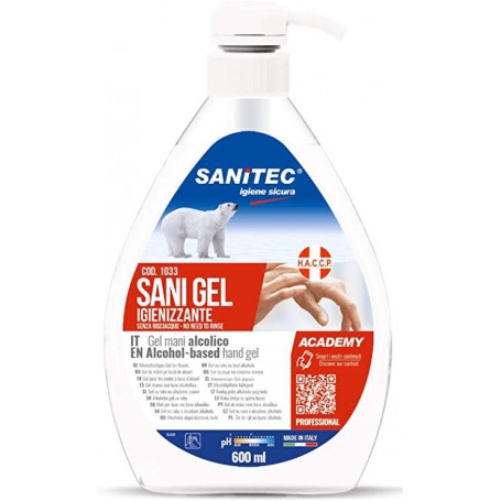 GEL ALCOLICO IGIENIZZANTE MANI SANITEC 600ML ALCOOL 77%, FLACONE CON DOSATORE 1033